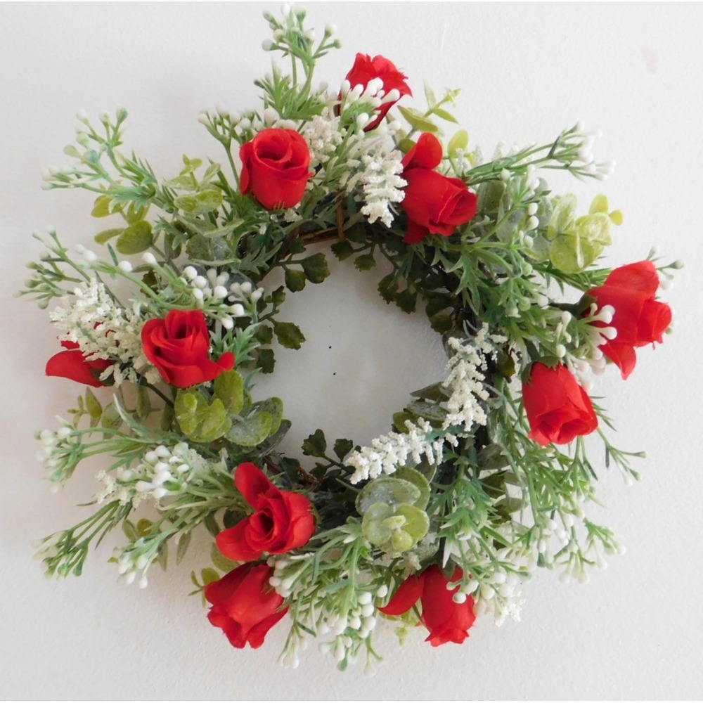 Dusty‎ Miller Mini Wreath Eucalyptus Red Roses Candle Ring Wedding decor